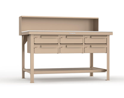 Extreme Duty 7 GA Shop Table with UHMW Top, Riser Shelf, 6 Drawers - 60 In. W x 36 In. D x 48 In. H - T6036-RS-6DB-UHMW-1019