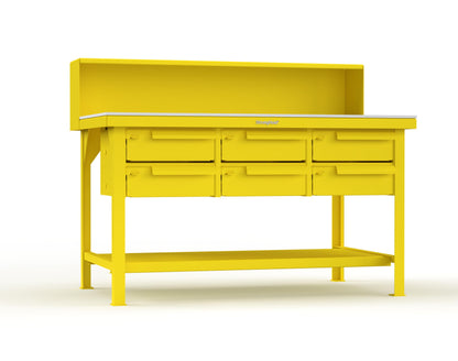 Extreme Duty 7 GA Shop Table with UHMW Top, Riser Shelf, 6 Drawers - 60 In. W x 36 In. D x 48 In. H - T6036-RS-6DB-UHMW-1021
