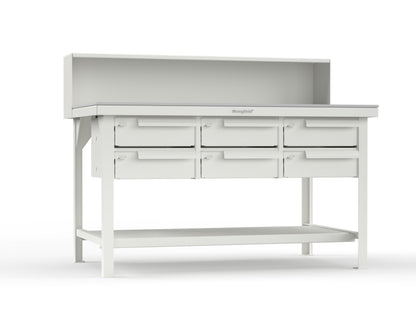 Extreme Duty 7 GA Shop Table with UHMW Top, Riser Shelf, 6 Drawers - 60 In. W x 36 In. D x 48 In. H - T6036-RS-6DB-UHMW-9003