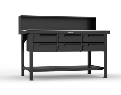 Extreme Duty 7 GA Shop Table with UHMW Top, Riser Shelf, 6 Drawers - 60 In. W x 36 In. D x 48 In. H - T6036-RS-6DB-UHMW-9005