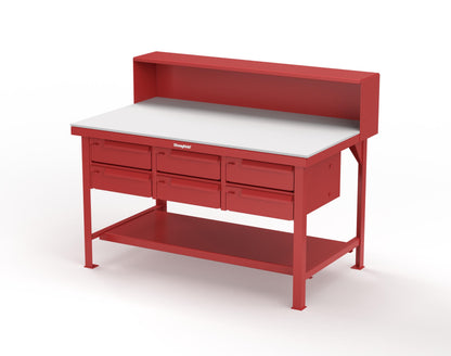 Extreme Duty 7 GA Shop Table with UHMW Top, Riser Shelf, 6 Drawers - 60 In. W x 36 In. D x 48 In. H - T6036-RS-6DB-UHMW-3001
