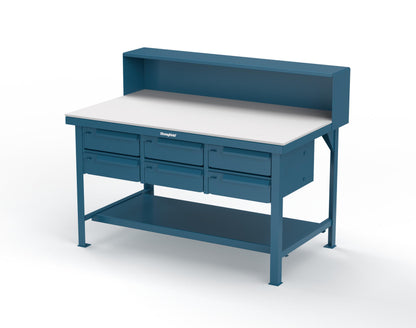 Extreme Duty 7 GA Shop Table with UHMW Top, Riser Shelf, 6 Drawers - 60 In. W x 36 In. D x 48 In. H - T6036-RS-6DB-UHMW-5001