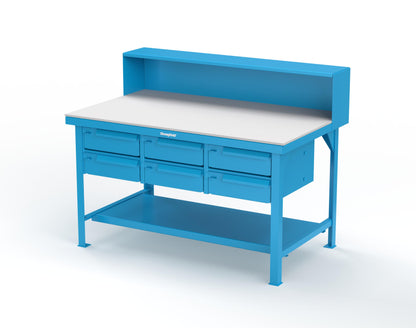 Extreme Duty 7 GA Shop Table with UHMW Top, Riser Shelf, 6 Drawers - 60 In. W x 36 In. D x 48 In. H - T6036-RS-6DB-UHMW-5012