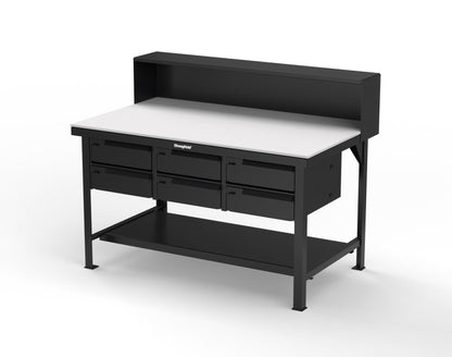 Extreme Duty 7 GA Shop Table with UHMW Top, Riser Shelf, 6 Drawers - 60 In. W x 36 In. D x 48 In. H - T6036-RS-6DB-UHMW-9005
