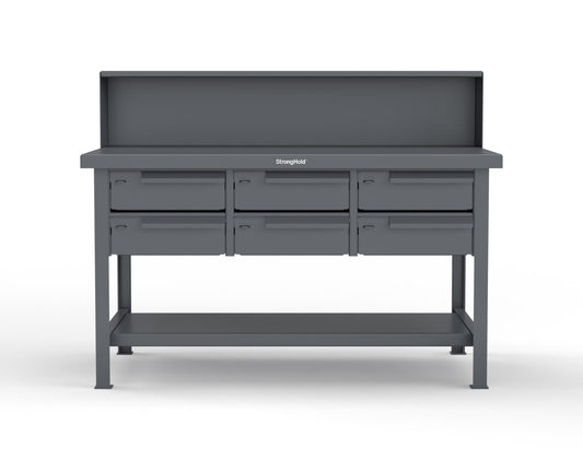 Extreme Duty 7 GA Shop Table with 6 Drawers, 1 Shelf, Riser Shelf - 60 In. W x 36 In. D x 34 In. H - T6036-RS-6DB-7024