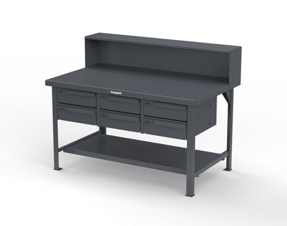 Extreme Duty 7 GA Shop Table with 6 Drawers, 1 Shelf, Riser Shelf - 60 In. W x 36 In. D x 34 In. H - T6036-RS-6DB-7024