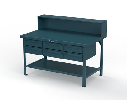 Extreme Duty 7 GA Shop Table with 6 Drawers, 1 Shelf, Riser Shelf - 60 In. W x 36 In. D x 34 In. H - T6036-RS-6DB-5001