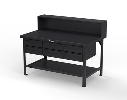 Extreme Duty 7 GA Shop Table with 6 Drawers, 1 Shelf, Riser Shelf - 60 In. W x 36 In. D x 34 In. H - T6036-RS-6DB-9005