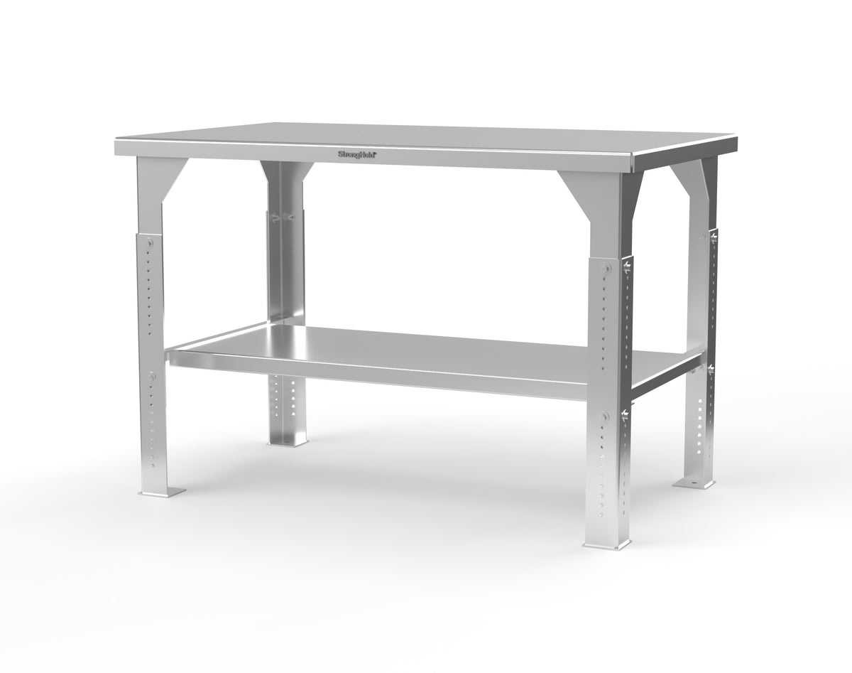 Extreme Duty 7 GA Stainless Steel Shop Table, Adjustable Legs, 1 Shelf - 60 In. W x 36 In. D x 30-40 In. H - T6036SS-AL-3