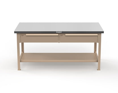 Extreme Duty 7 GA Shop Table with Stainless Steel Top, 2 Drawers, 1 Shelf - 72 In. x 36 In. D x 34 In. H - T7236-2DB-SSTOP-1019
