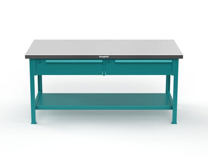 Extreme Duty 7 GA Shop Table with Stainless Steel Top, 2 Drawers, 1 Shelf - 72 In. x 36 In. D x 34 In. H - T7236-2DB-SSTOP-5021