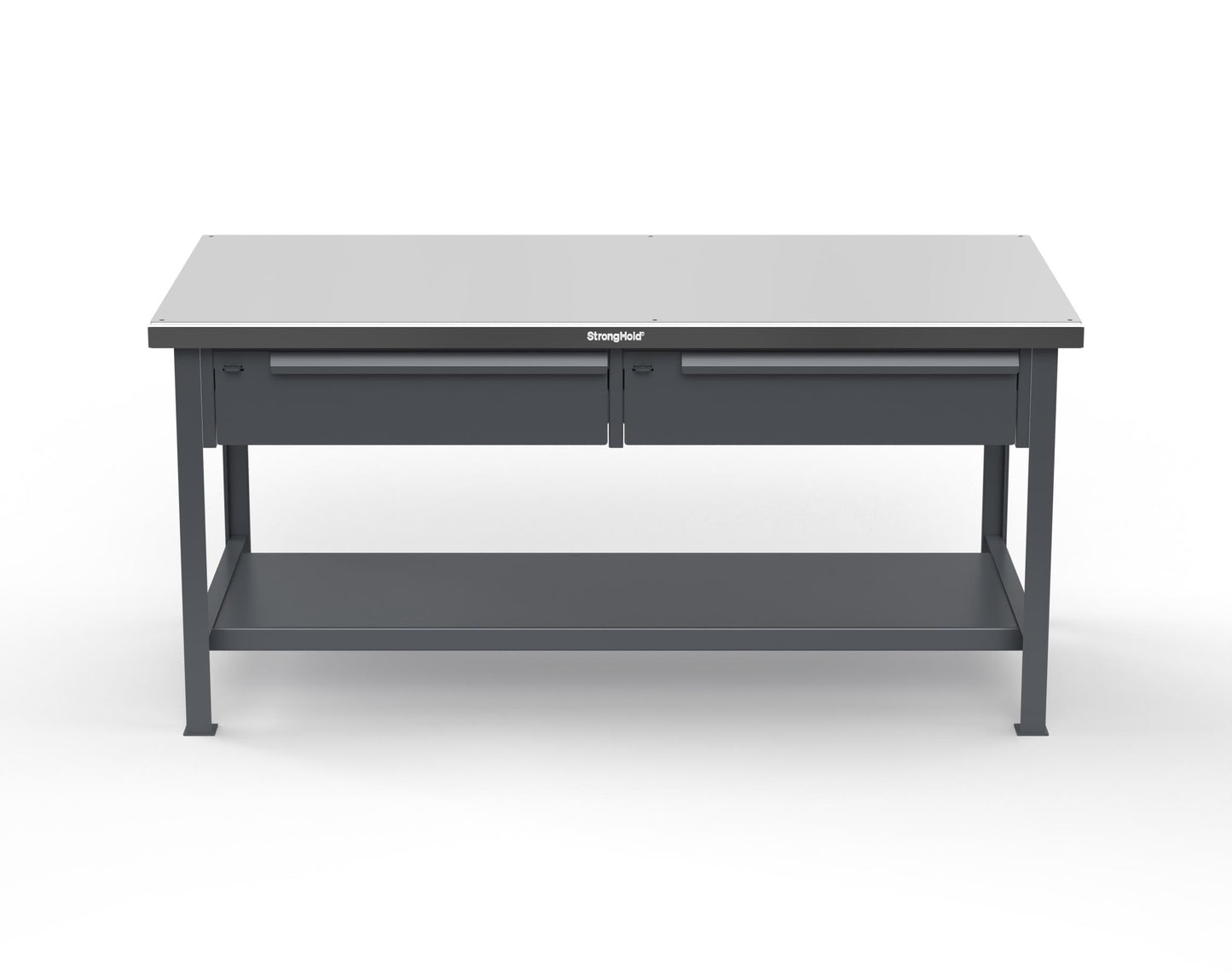Extreme Duty 7 GA Shop Table with Stainless Steel Top, 2 Drawers, 1 Shelf - 72 In. x 36 In. D x 34 In. H - T7236-2DB-SSTOP-7024
