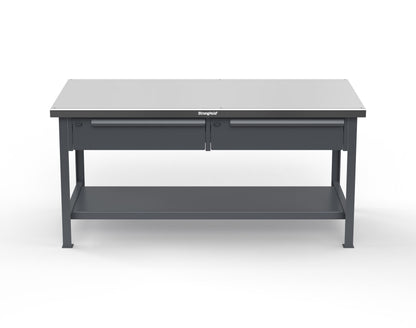 Extreme Duty 7 GA Shop Table with Stainless Steel Top, 2 Drawers, 1 Shelf - 72 In. x 36 In. D x 34 In. H - T7236-2DB-SSTOP-7024