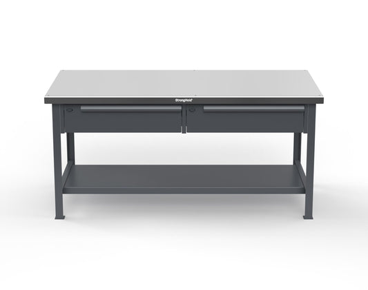 Extreme Duty 7 GA Shop Table with Stainless Steel Top, 2 Drawers, 1 Shelf - 72 In. x 36 In. D x 34 In. H - T7236-2DB-SSTOP-7024