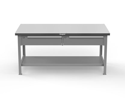 Extreme Duty 7 GA Shop Table with Stainless Steel Top, 2 Drawers, 1 Shelf - 72 In. x 36 In. D x 34 In. H - T7236-2DB-SSTOP-7037