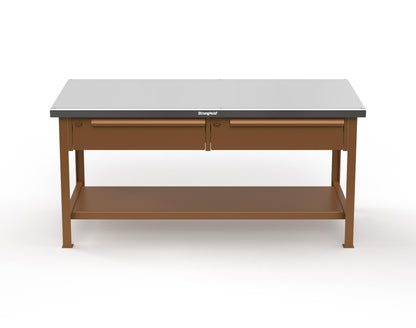 Extreme Duty 7 GA Shop Table with Stainless Steel Top, 2 Drawers, 1 Shelf - 72 In. x 36 In. D x 34 In. H - T7236-2DB-SSTOP-8008