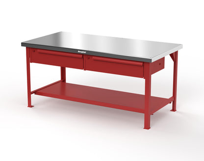 Extreme Duty 7 GA Shop Table with Stainless Steel Top, 2 Drawers, 1 Shelf - 72 In. x 36 In. D x 34 In. H - T7236-2DB-SSTOP-3001