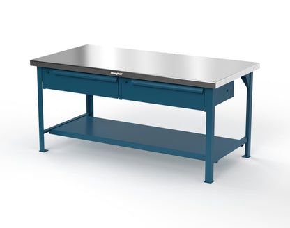 Extreme Duty 7 GA Shop Table with Stainless Steel Top, 2 Drawers, 1 Shelf - 72 In. x 36 In. D x 34 In. H - T7236-2DB-SSTOP-5001