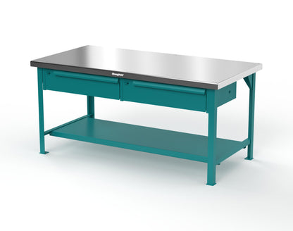 Extreme Duty 7 GA Shop Table with Stainless Steel Top, 2 Drawers, 1 Shelf - 72 In. x 36 In. D x 34 In. H - T7236-2DB-SSTOP-5021