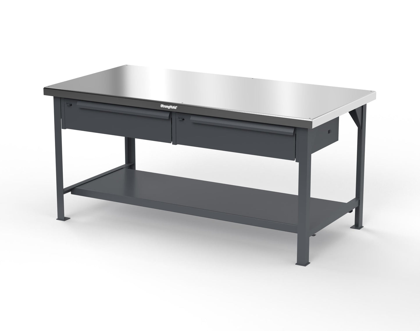 Extreme Duty 7 GA Shop Table with Stainless Steel Top, 2 Drawers, 1 Shelf - 72 In. x 36 In. D x 34 In. H - T7236-2DB-SSTOP-7024
