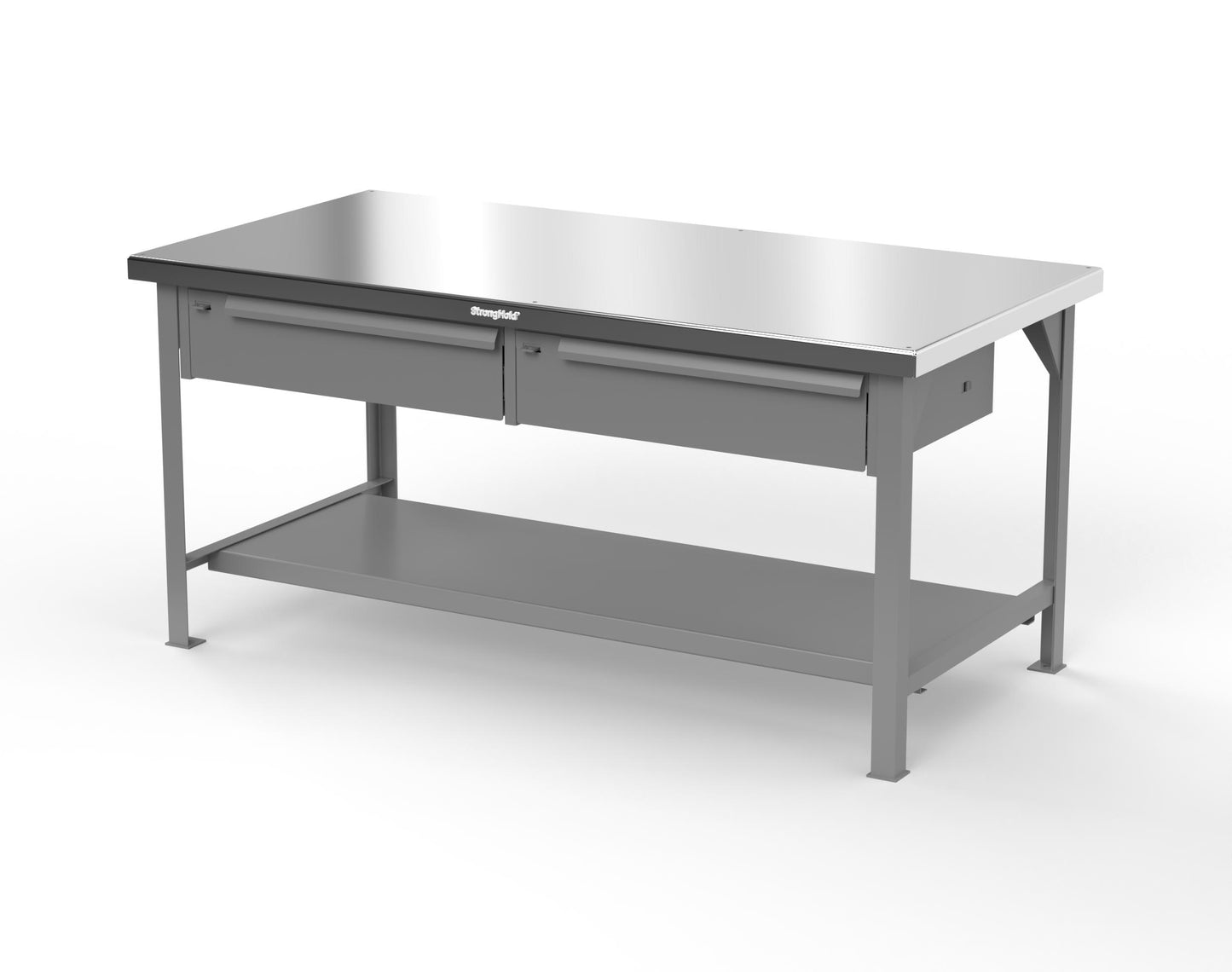Extreme Duty 7 GA Shop Table with Stainless Steel Top, 2 Drawers, 1 Shelf - 72 In. x 36 In. D x 34 In. H - T7236-2DB-SSTOP-7037