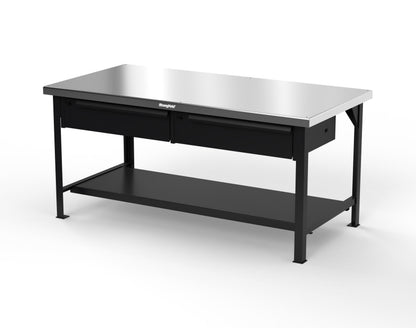 Extreme Duty 7 GA Shop Table with Stainless Steel Top, 2 Drawers, 1 Shelf - 72 In. x 36 In. D x 34 In. H - T7236-2DB-SSTOP-9005