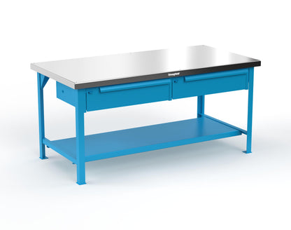 Extreme Duty 7 GA Shop Table with Stainless Steel Top, 2 Drawers, 1 Shelf - 72 In. x 36 In. D x 34 In. H - T7236-2DB-SSTOP-5012