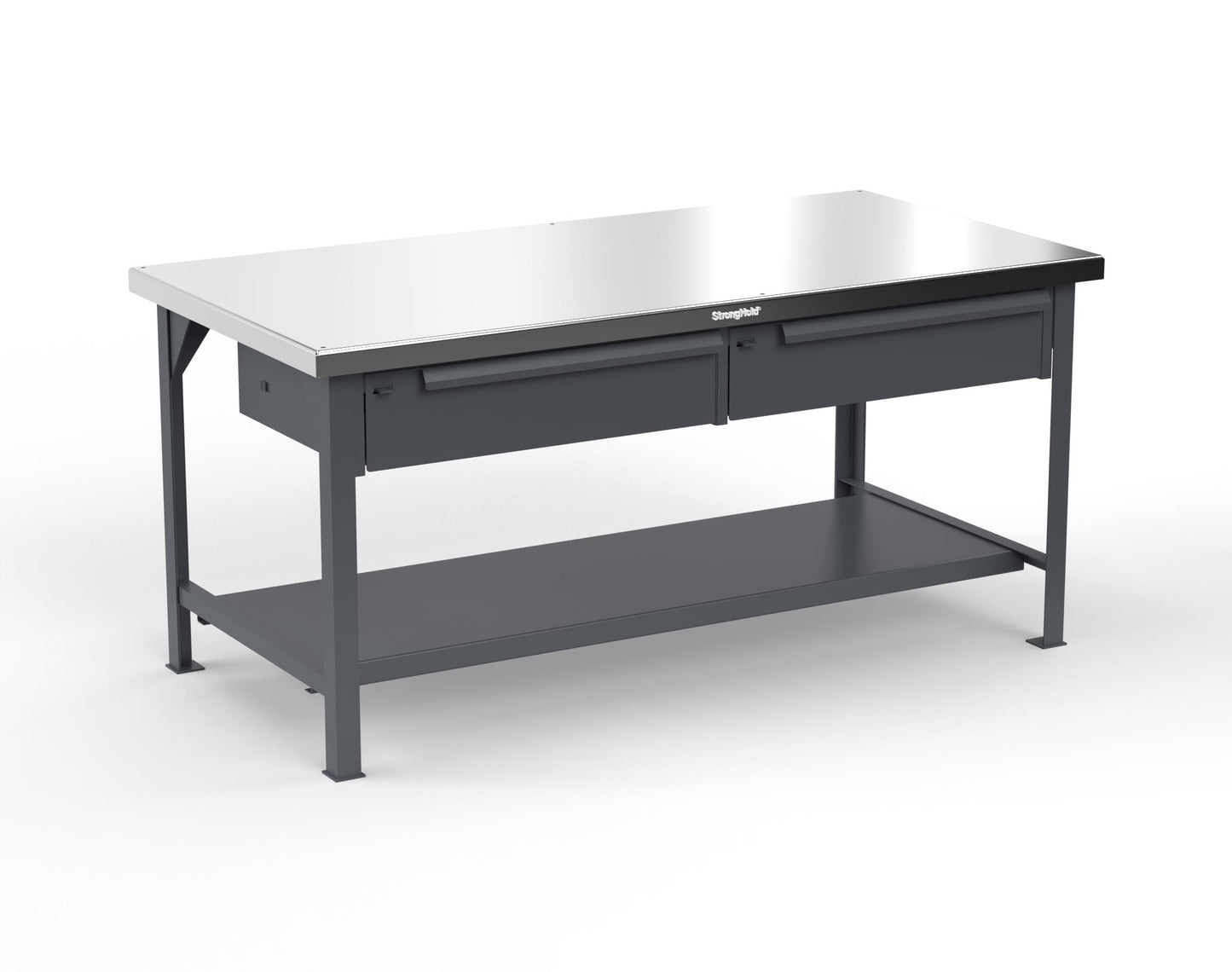 Extreme Duty 7 GA Shop Table with Stainless Steel Top, 2 Drawers, 1 Shelf - 72 In. x 36 In. D x 34 In. H - T7236-2DB-SSTOP-7024