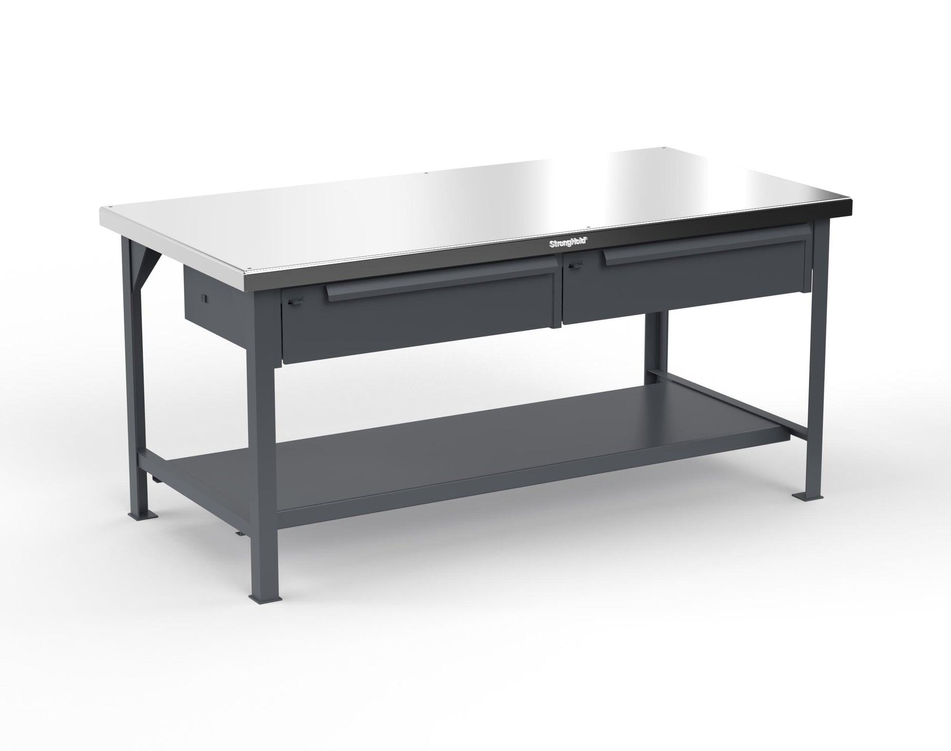 Extreme Duty 7 GA Shop Table with Stainless Steel Top, 2 Drawers, 1 Shelf - 72 In. x 36 In. D x 34 In. H - T7236-2DB-SSTOP-7024