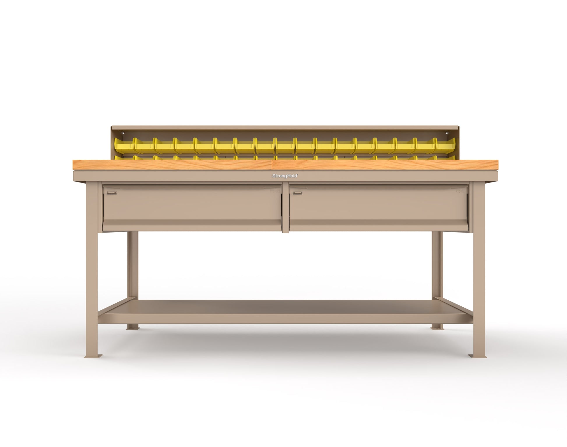 Extreme Duty 7 GA Shop Table with 1 3/4 in. Maple Top, 34 Bins, 2 Drawers, 1 Shelf, Riser Shelf - 72 In. W x 36 In. D x 34 In. H - T7236-34B-2DB-MT-1019