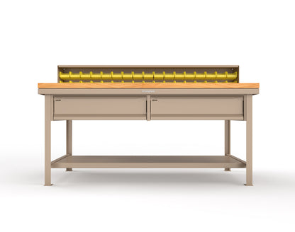 Extreme Duty 7 GA Shop Table with 1 3/4 in. Maple Top, 34 Bins, 2 Drawers, 1 Shelf, Riser Shelf - 72 In. W x 36 In. D x 34 In. H - T7236-34B-2DB-MT-1019