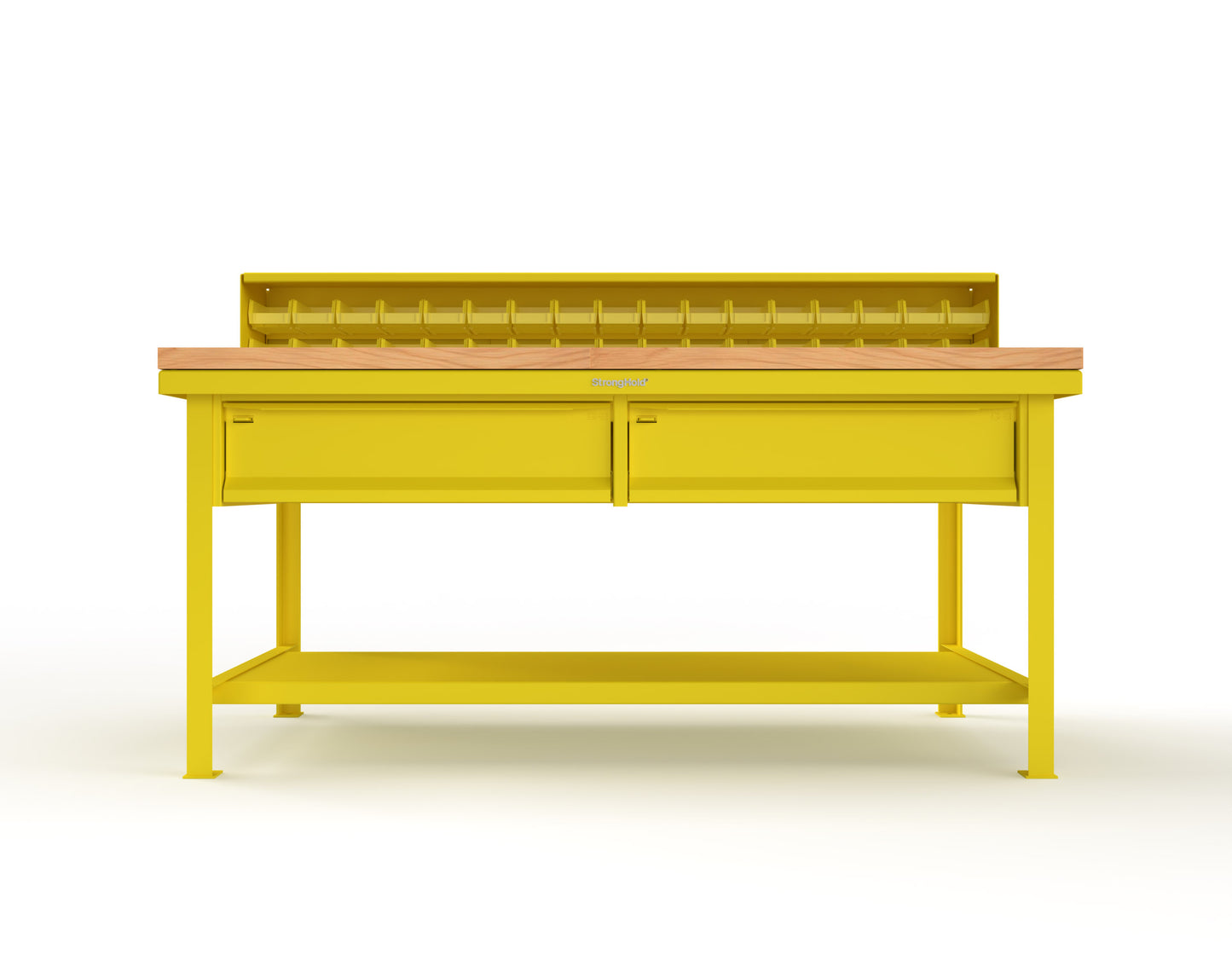 Extreme Duty 7 GA Shop Table with 1 3/4 in. Maple Top, 34 Bins, 2 Drawers, 1 Shelf, Riser Shelf - 72 In. W x 36 In. D x 34 In. H - T7236-34B-2DB-MT-1023