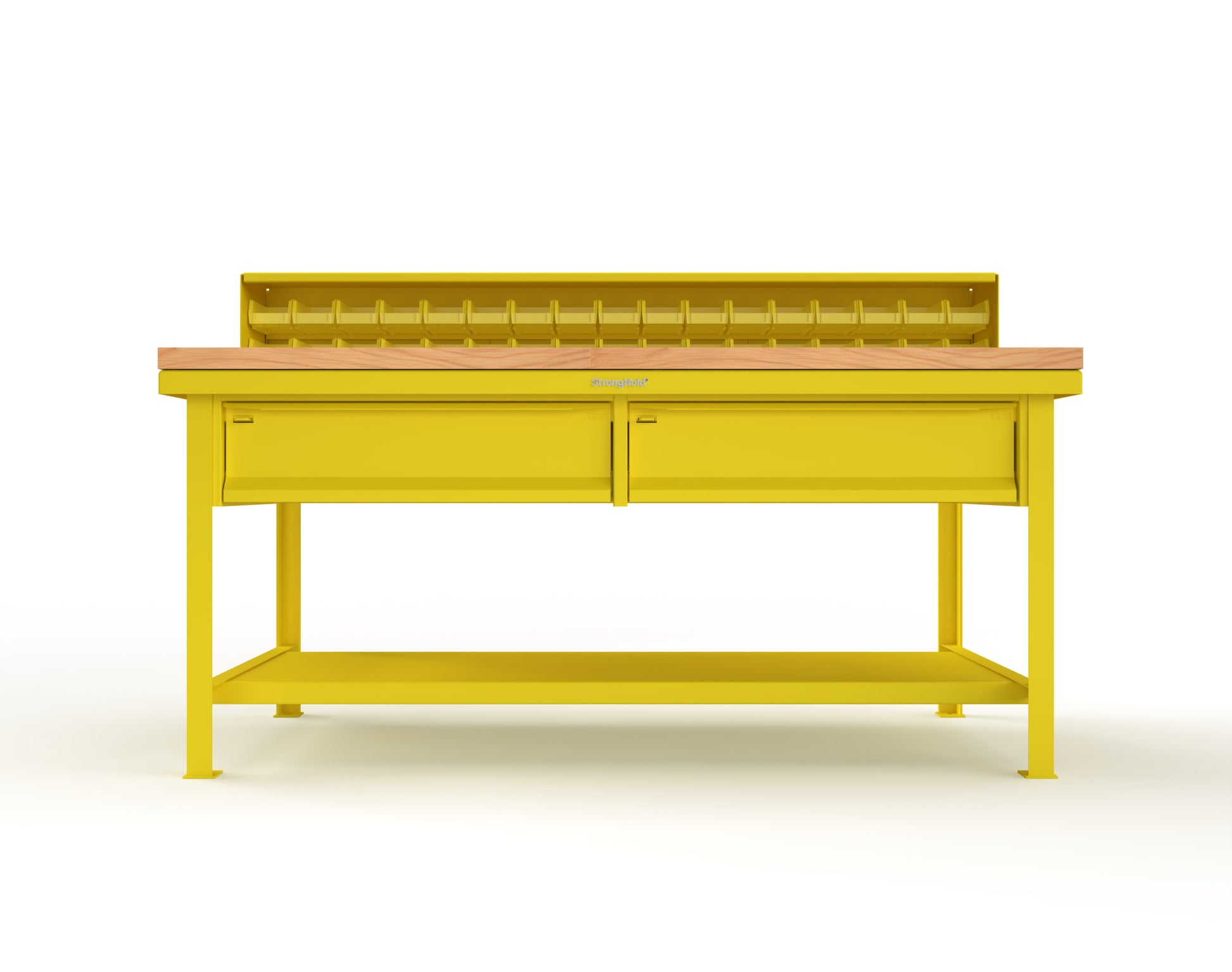 Extreme Duty 7 GA Shop Table with 1 3/4 in. Maple Top, 34 Bins, 2 Drawers, 1 Shelf, Riser Shelf - 72 In. W x 36 In. D x 34 In. H - T7236-34B-2DB-MT-1023