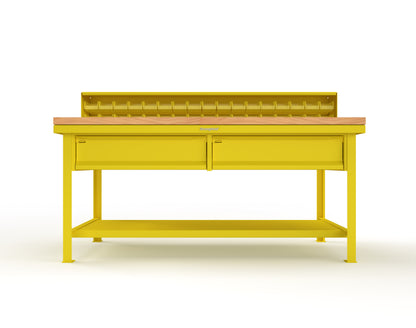 Extreme Duty 7 GA Shop Table with 1 3/4 in. Maple Top, 34 Bins, 2 Drawers, 1 Shelf, Riser Shelf - 72 In. W x 36 In. D x 34 In. H - T7236-34B-2DB-MT-1023
