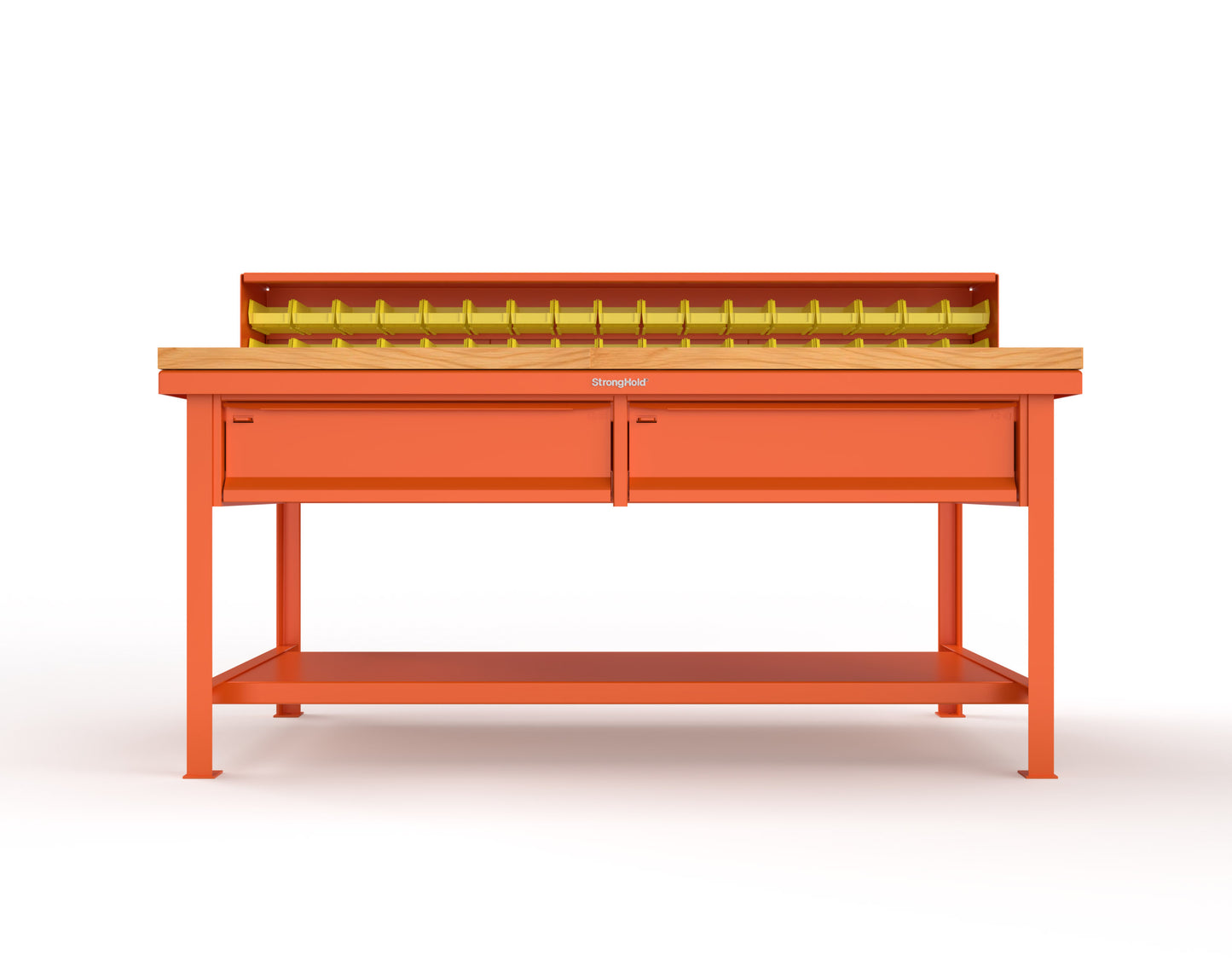 Extreme Duty 7 GA Shop Table with 1 3/4 in. Maple Top, 34 Bins, 2 Drawers, 1 Shelf, Riser Shelf - 72 In. W x 36 In. D x 34 In. H - T7236-34B-2DB-MT-2004
