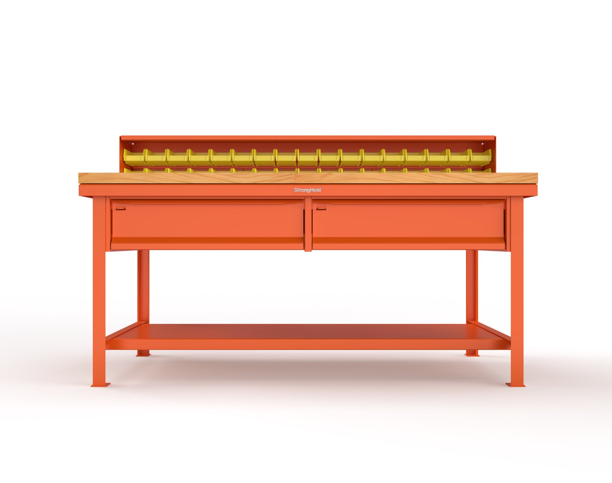 Extreme Duty 7 GA Shop Table with 1 3/4 in. Maple Top, 34 Bins, 2 Drawers, 1 Shelf, Riser Shelf - 72 In. W x 36 In. D x 34 In. H - T7236-34B-2DB-MT-2004