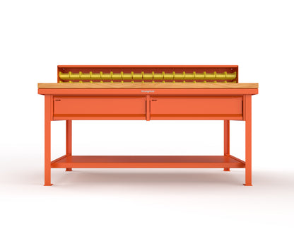 Extreme Duty 7 GA Shop Table with 1 3/4 in. Maple Top, 34 Bins, 2 Drawers, 1 Shelf, Riser Shelf - 72 In. W x 36 In. D x 34 In. H - T7236-34B-2DB-MT-2004