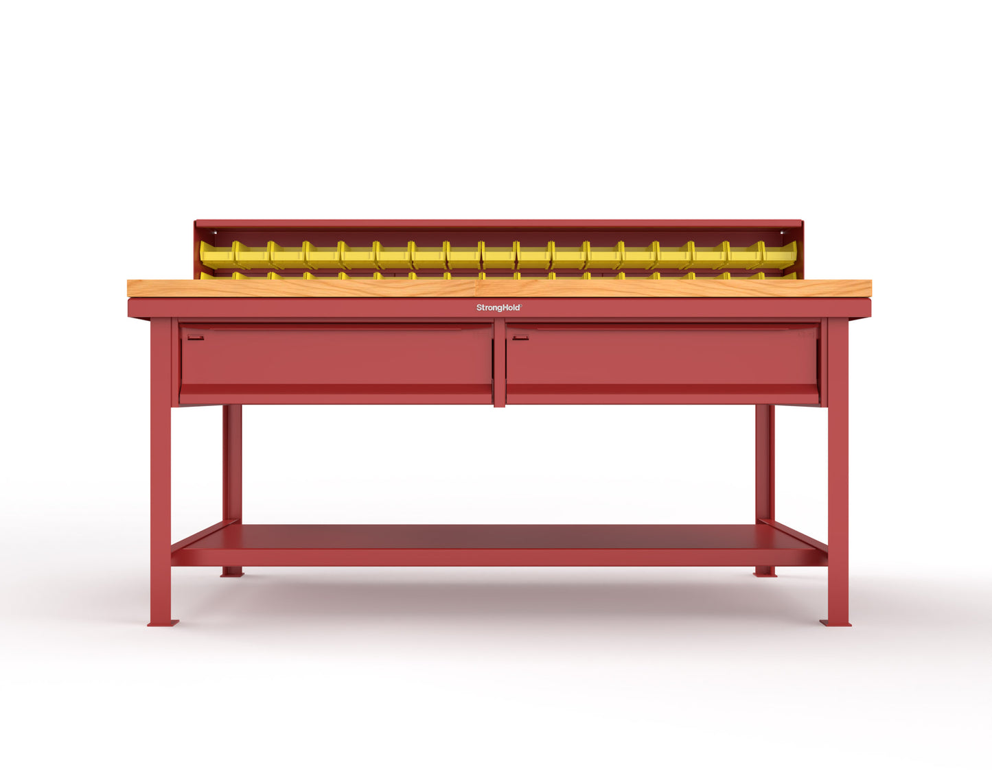 Extreme Duty 7 GA Shop Table with 1 3/4 in. Maple Top, 34 Bins, 2 Drawers, 1 Shelf, Riser Shelf - 72 In. W x 36 In. D x 34 In. H - T7236-34B-2DB-MT-3001