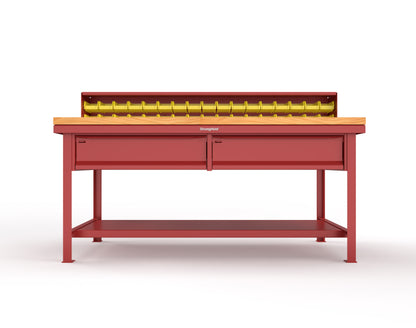 Extreme Duty 7 GA Shop Table with 1 3/4 in. Maple Top, 34 Bins, 2 Drawers, 1 Shelf, Riser Shelf - 72 In. W x 36 In. D x 34 In. H - T7236-34B-2DB-MT-3001