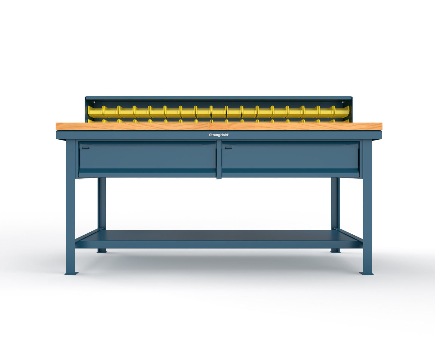 Extreme Duty 7 GA Shop Table with 1 3/4 in. Maple Top, 34 Bins, 2 Drawers, 1 Shelf, Riser Shelf - 72 In. W x 36 In. D x 34 In. H - T7236-34B-2DB-MT-5010