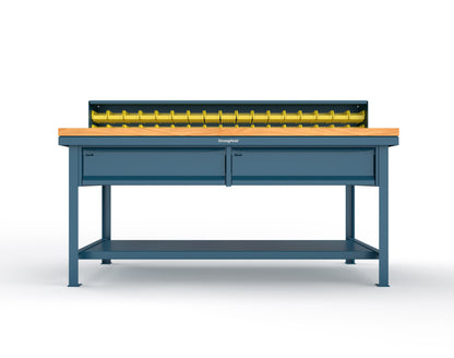 Extreme Duty 7 GA Shop Table with 1 3/4 in. Maple Top, 34 Bins, 2 Drawers, 1 Shelf, Riser Shelf - 72 In. W x 36 In. D x 34 In. H - T7236-34B-2DB-MT-5010
