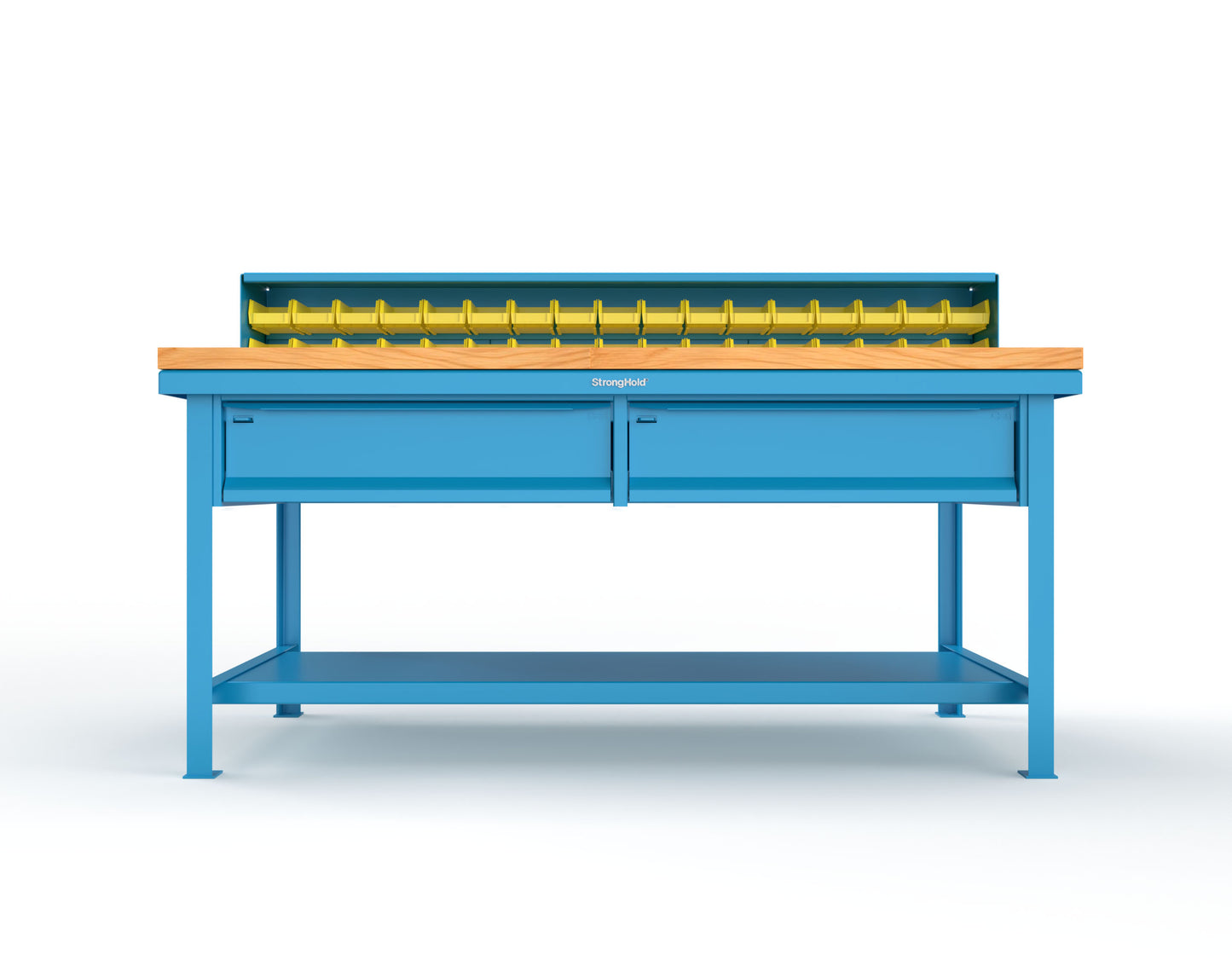 Extreme Duty 7 GA Shop Table with 1 3/4 in. Maple Top, 34 Bins, 2 Drawers, 1 Shelf, Riser Shelf - 72 In. W x 36 In. D x 34 In. H - T7236-34B-2DB-MT-5012