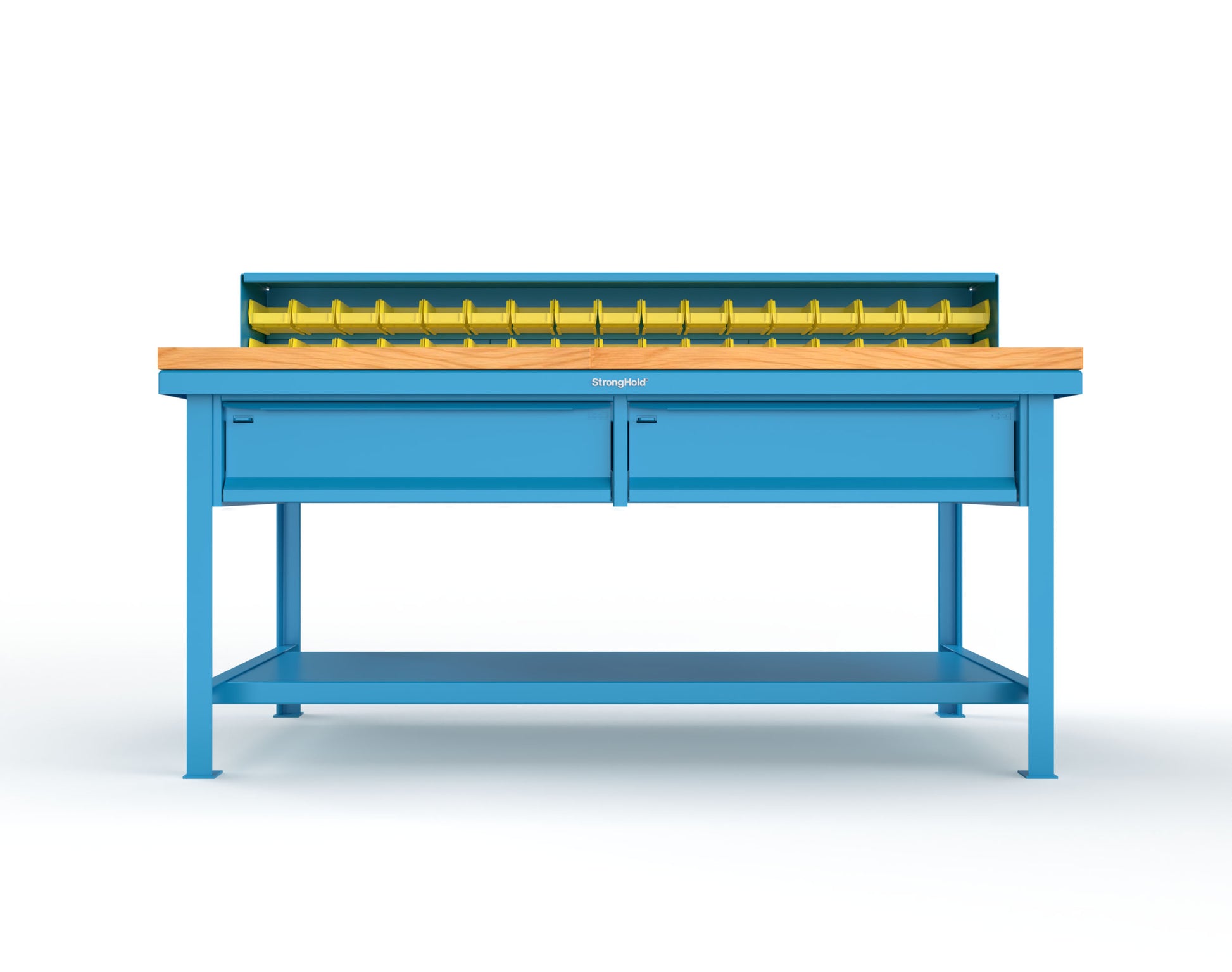 Extreme Duty 7 GA Shop Table with 1 3/4 in. Maple Top, 34 Bins, 2 Drawers, 1 Shelf, Riser Shelf - 72 In. W x 36 In. D x 34 In. H - T7236-34B-2DB-MT-5012