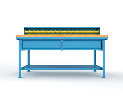 Extreme Duty 7 GA Shop Table with 1 3/4 in. Maple Top, 34 Bins, 2 Drawers, 1 Shelf, Riser Shelf - 72 In. W x 36 In. D x 34 In. H - T7236-34B-2DB-MT-5012