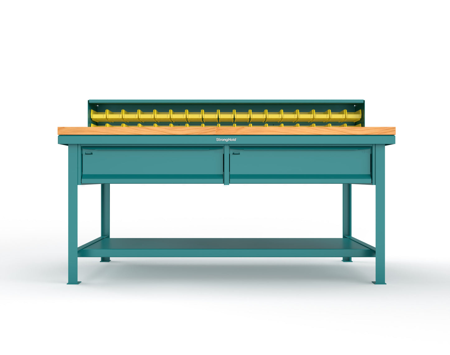 Extreme Duty 7 GA Shop Table with 1 3/4 in. Maple Top, 34 Bins, 2 Drawers, 1 Shelf, Riser Shelf - 72 In. W x 36 In. D x 34 In. H - T7236-34B-2DB-MT-5021