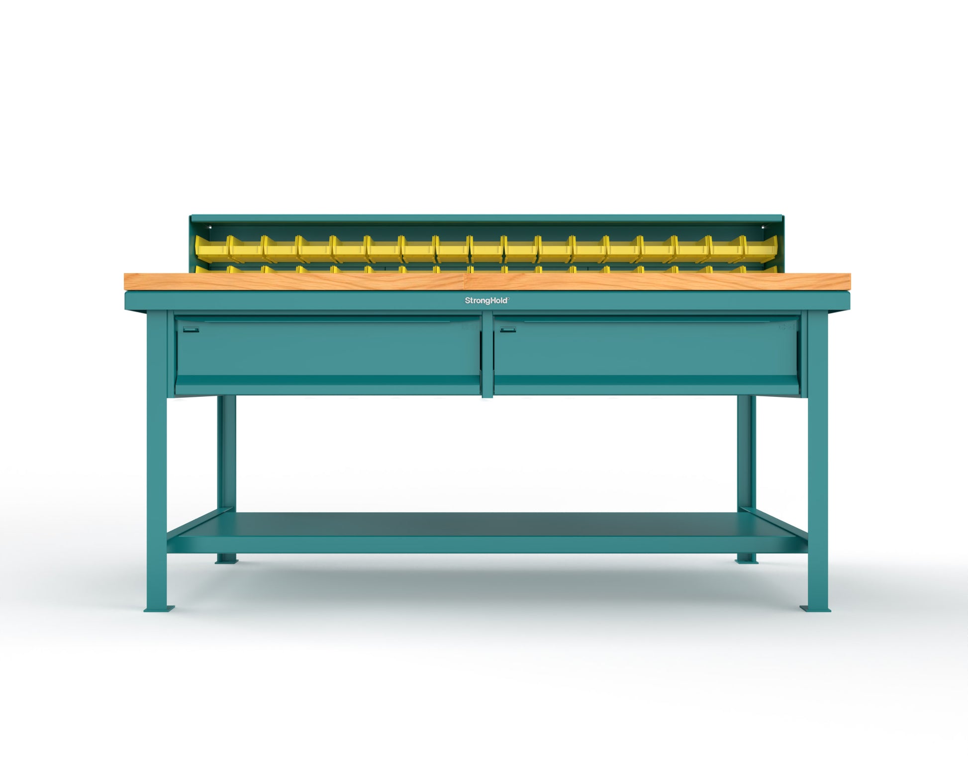 Extreme Duty 7 GA Shop Table with 1 3/4 in. Maple Top, 34 Bins, 2 Drawers, 1 Shelf, Riser Shelf - 72 In. W x 36 In. D x 34 In. H - T7236-34B-2DB-MT-5021