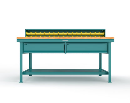 Extreme Duty 7 GA Shop Table with 1 3/4 in. Maple Top, 34 Bins, 2 Drawers, 1 Shelf, Riser Shelf - 72 In. W x 36 In. D x 34 In. H - T7236-34B-2DB-MT-5021