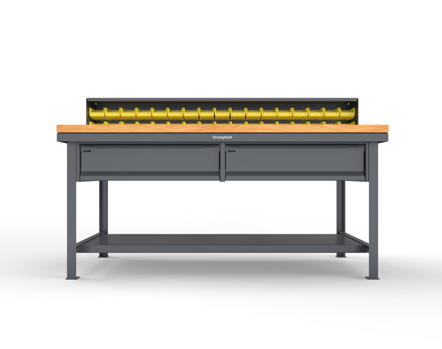 Extreme Duty 7 GA Shop Table with 1 3/4 in. Maple Top, 34 Bins, 2 Drawers, 1 Shelf, Riser Shelf - 72 In. W x 36 In. D x 34 In. H - T7236-34B-2DB-MT-7024