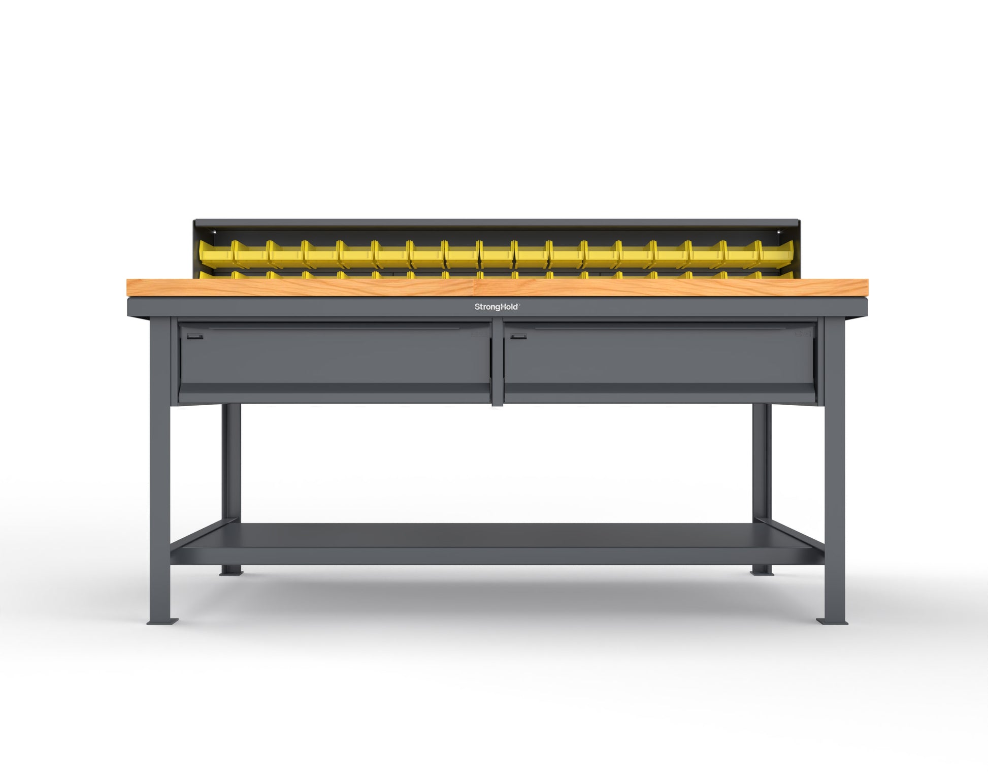 Extreme Duty 7 GA Shop Table with 1 3/4 in. Maple Top, 34 Bins, 2 Drawers, 1 Shelf, Riser Shelf - 72 In. W x 36 In. D x 34 In. H - T7236-34B-2DB-MT-7024