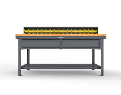 Extreme Duty 7 GA Shop Table with 1 3/4 in. Maple Top, 34 Bins, 2 Drawers, 1 Shelf, Riser Shelf - 72 In. W x 36 In. D x 34 In. H - T7236-34B-2DB-MT-7024